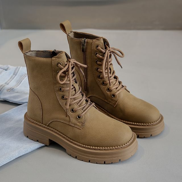 Faux Heel Boots Short Plain Chunky Lace-Up Leather