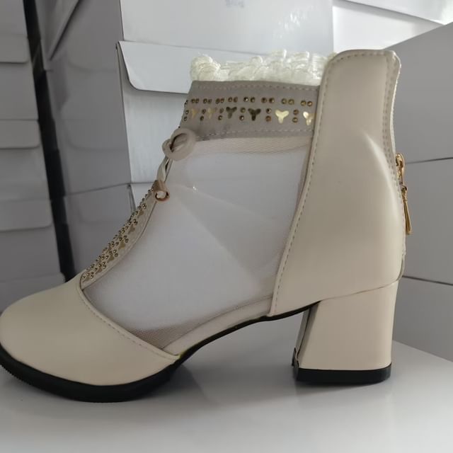 Trim Heel Pointed Lace Chunky Mesh Ankle Panel Boots