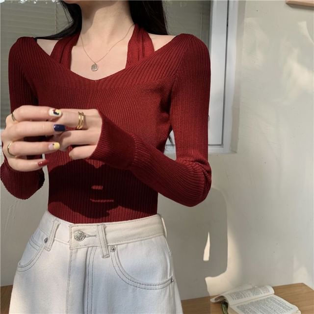 Neck Halter Fit Slim Top Ribbed Mock Plain Long-Sleeve Knit Two-Piece