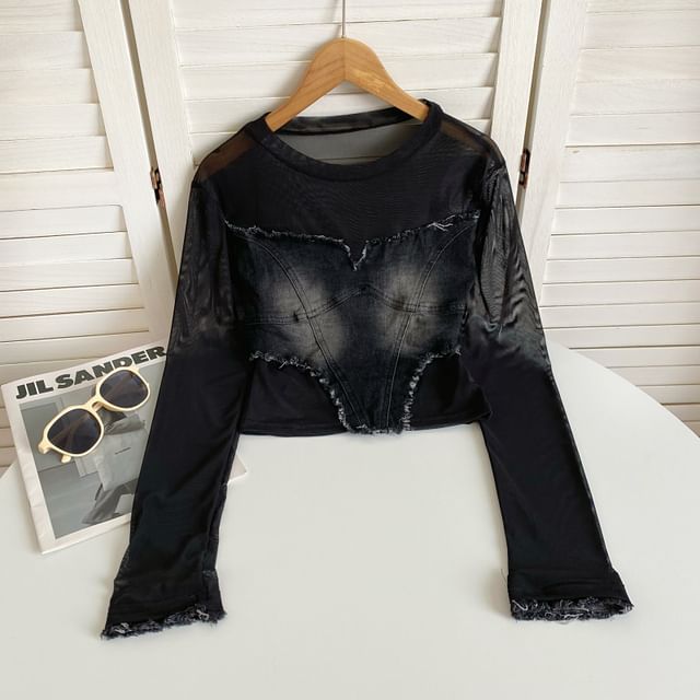 Langärmliges Rundhals-T-Shirt aus einfarbigem Denim mit Applikationen