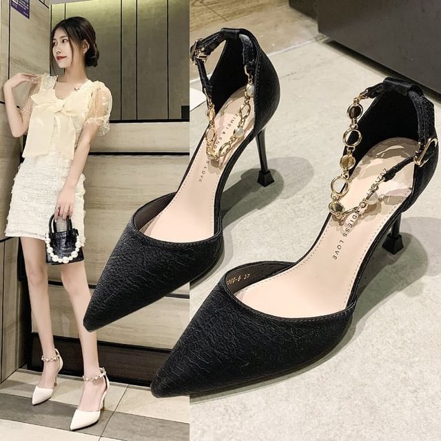 Strap Faux Pearl Pumps Ankle Toe D'Orsay Pointed