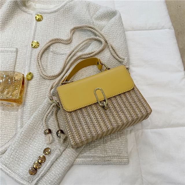 Leather Panel Woven Crossbody Faux Bag