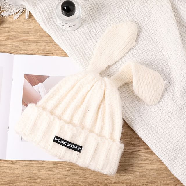 Beanie Ear Applique Lettering Knit Rabbit