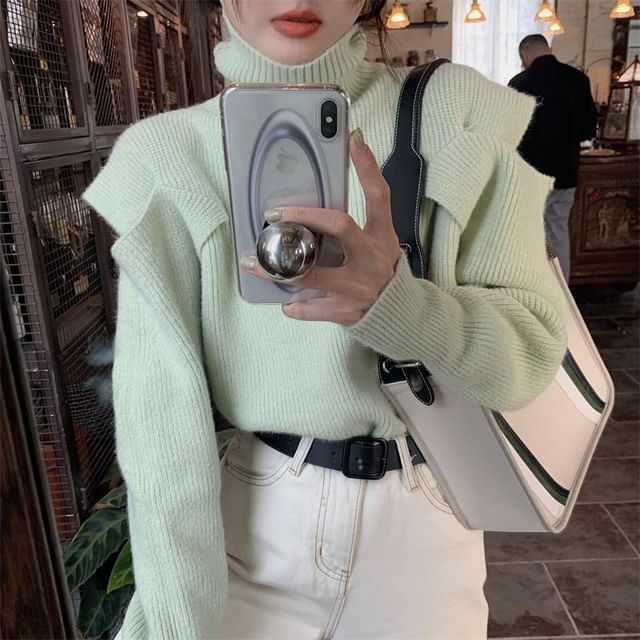 Cold-Shoulder Loose-Fit Sweater Turtleneck Plain