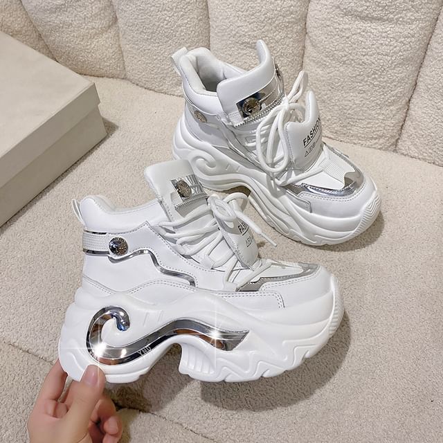 Lace-Up Top Panel Metallic High Leather Sneakers Faux Platform