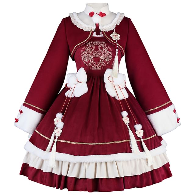 Ärmelloses Lolita-Minikleid in A-Linie mit quadratischem Ausschnitt, bestickter Schleife und Rüscheneinsatz / Bolero mit Stehkragen / Quastenanhänger / Kopfbedeckung / Set
