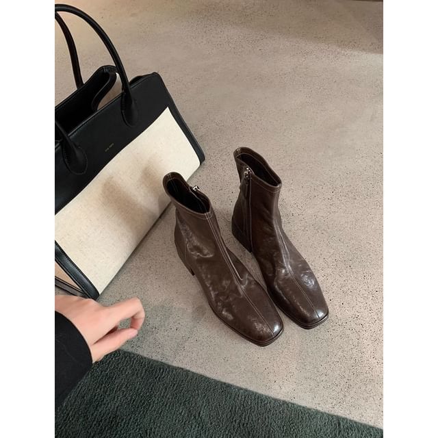 Leather Low-Heel Boots Square Genuine Short Toe