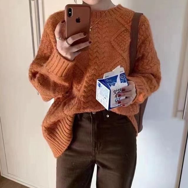 Long-Sleeve Neck Cable Knit Sweater Plain Crew