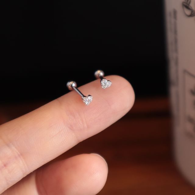 Heart Sterling Barbell Rhinestone Silver Earring