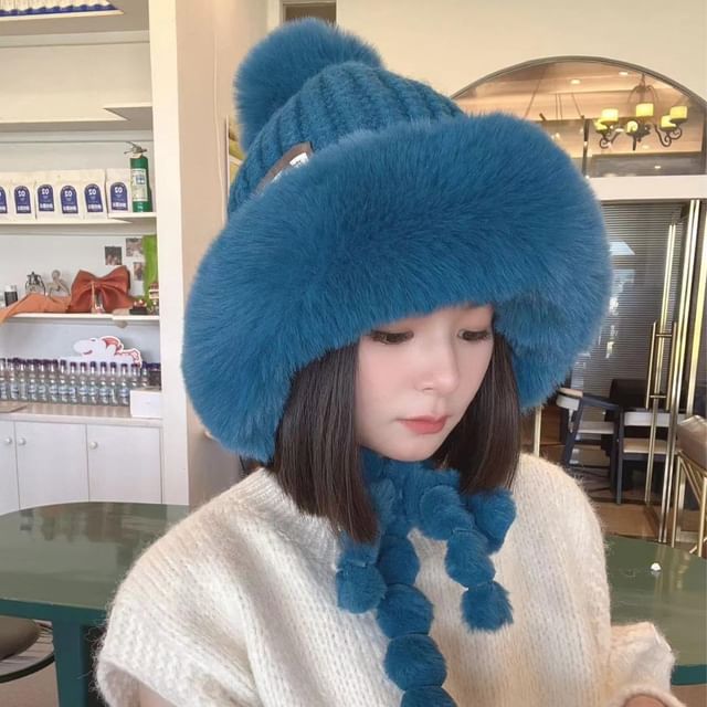 Hat Knit Lettering Applique Faux Trapper Fur