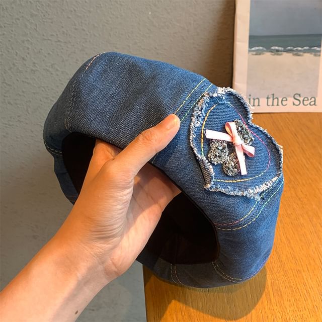 Bow Denim Rhinestone Applique Beret Heart