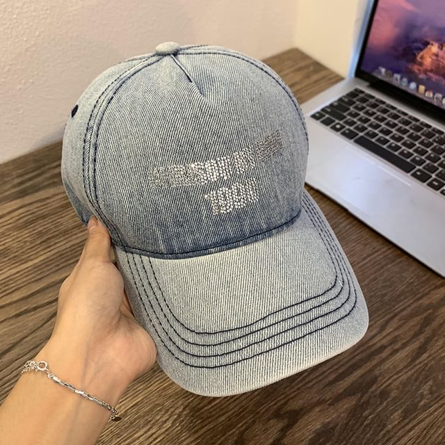 Lettering Cap Baseball Denim Washed Rhinestone