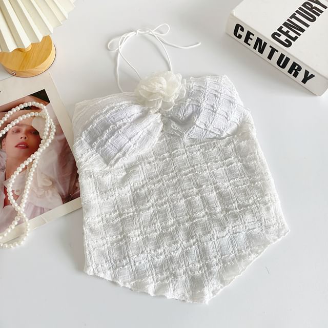 Neckholder-Crop-Top mit Blumen-Akzent und Unifarben