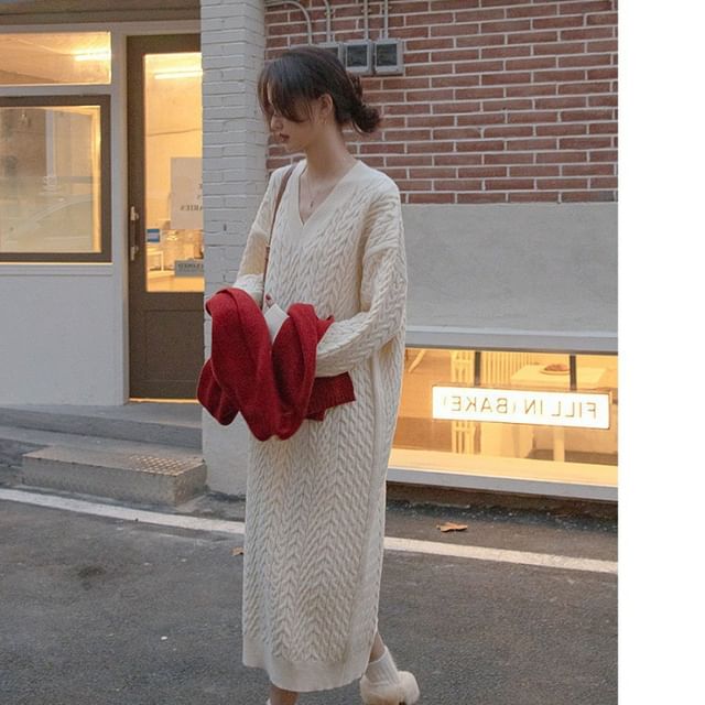 Plain Dress Sweater Midi V-Neck Long-Sleeve