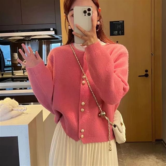 Plain Buttoned Cardigan Faux Pearl