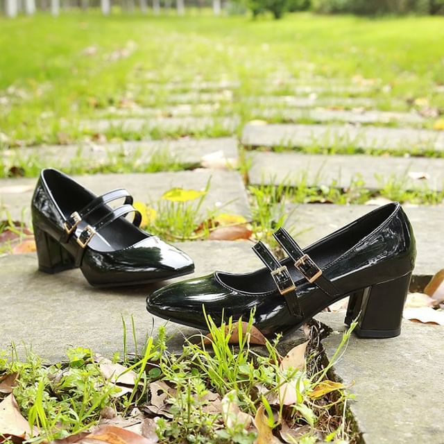 Double Strap Jane Shoes Heel Chunky Mary