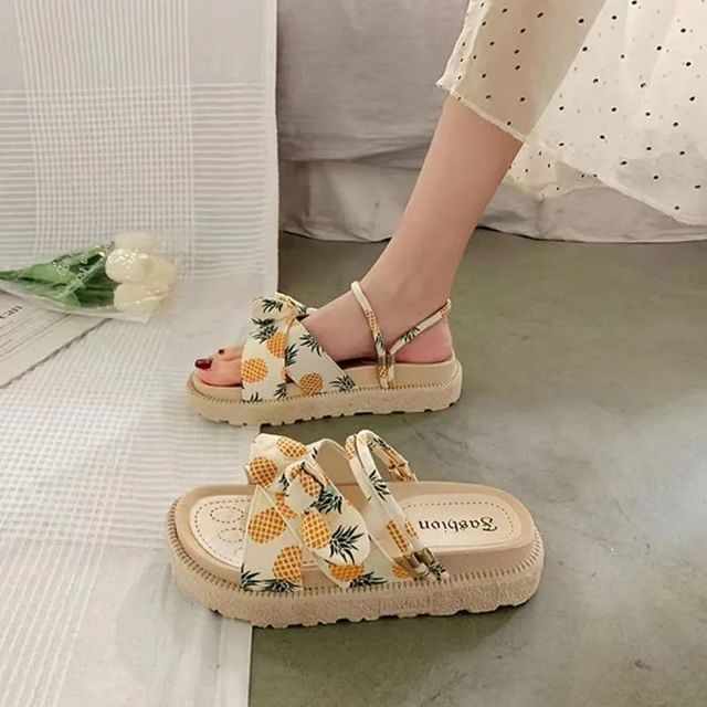 Platform Fruit Print Bow Slide Sandals