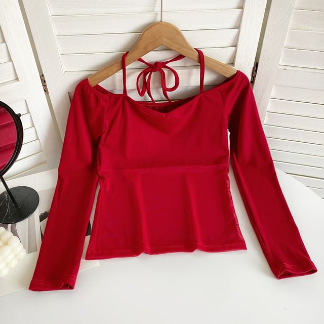 T-shirt à manches longues avec empiècement en maille et épaules dénudées