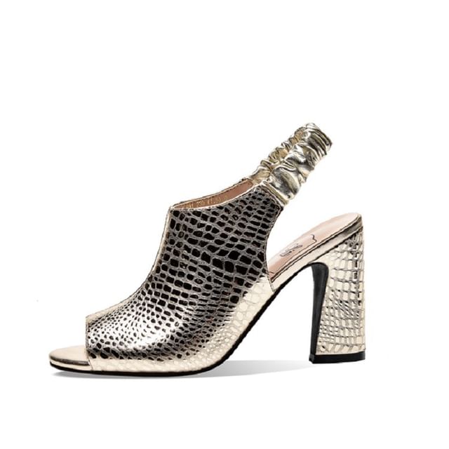 Heel Grain Leather Faux Toe Chunky Peep Sandals Croc