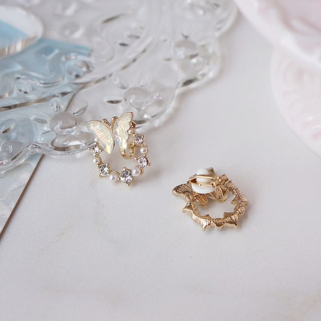 Rhinestone Pearl Faux Stud Butterfly Alloy Earring