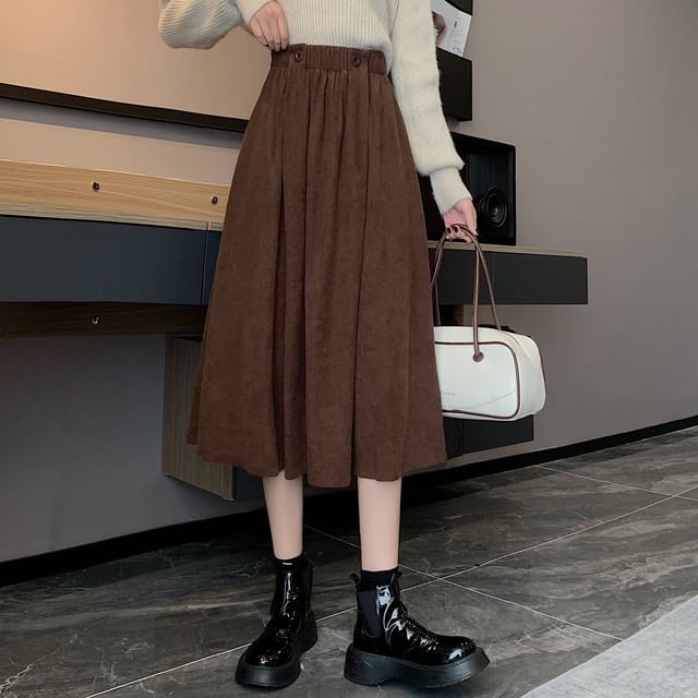 Elastic A-Line Waist Pocket Midi Skirt Plain