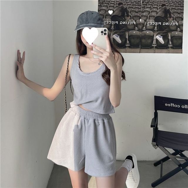 Waist Elastic Set: Tank Scoop Plain Shorts Sweat Neck + Top