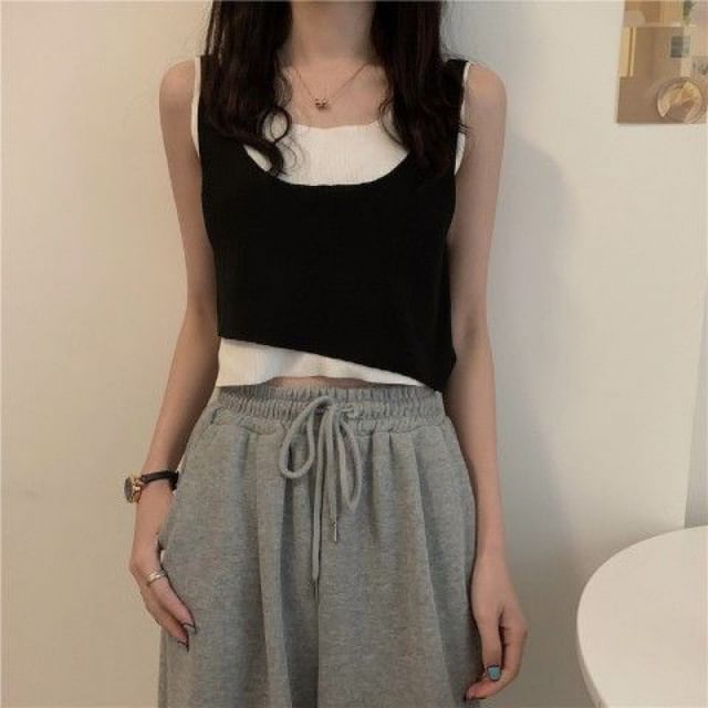 Piece Neck Top Tank Two Scoop Mock Knit