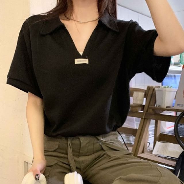 V-Neck Drawstring Polo Short-Sleeve Hem Shirt Applique