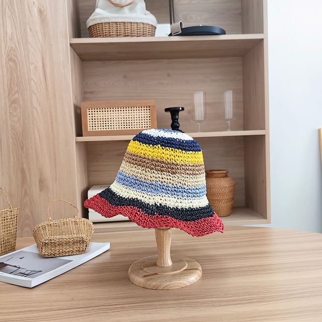 Striped Hat Straw Bucket