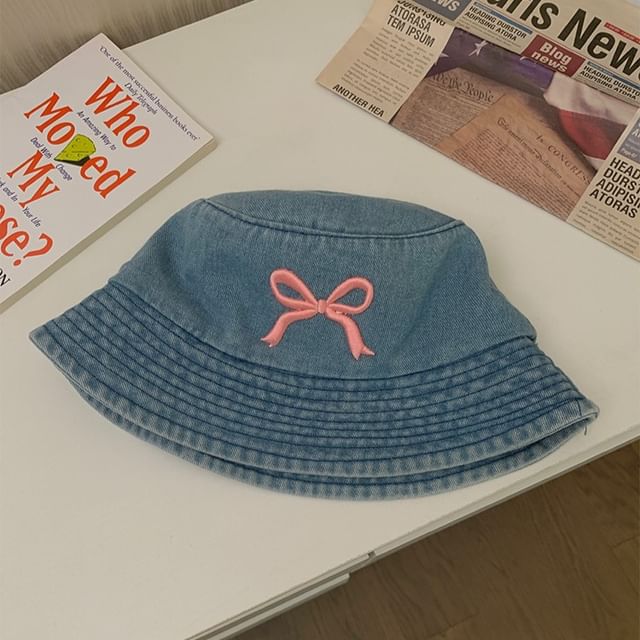 Bucket Bow Hat Embroidered Denim