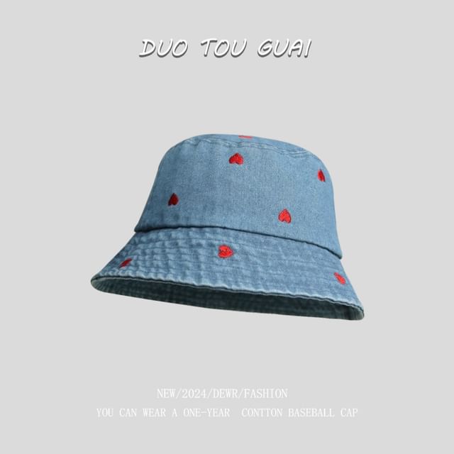 Washed Heart Bucket Denim Hat Embroidered