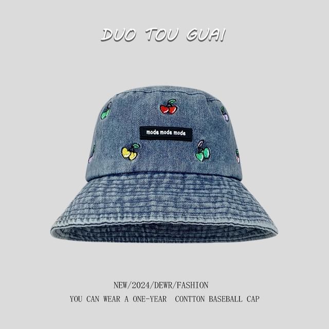 Embroidered Cherry Bucket Hat Denim Washed