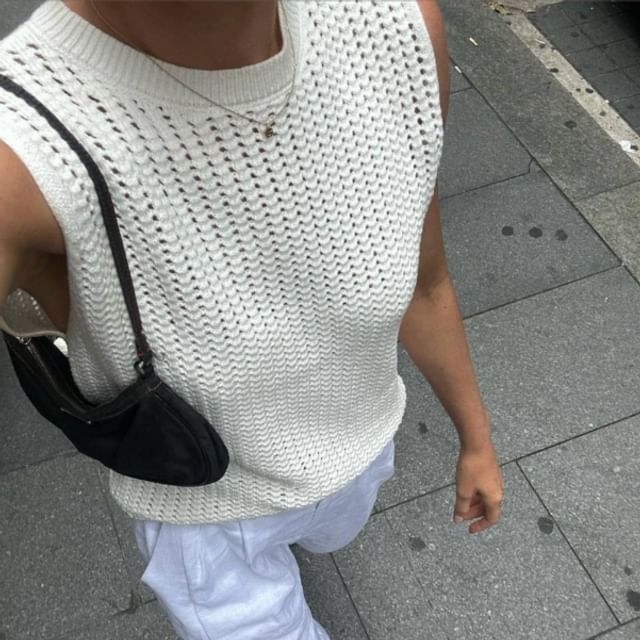 Neck Knit Top Plain Round Sleeveless