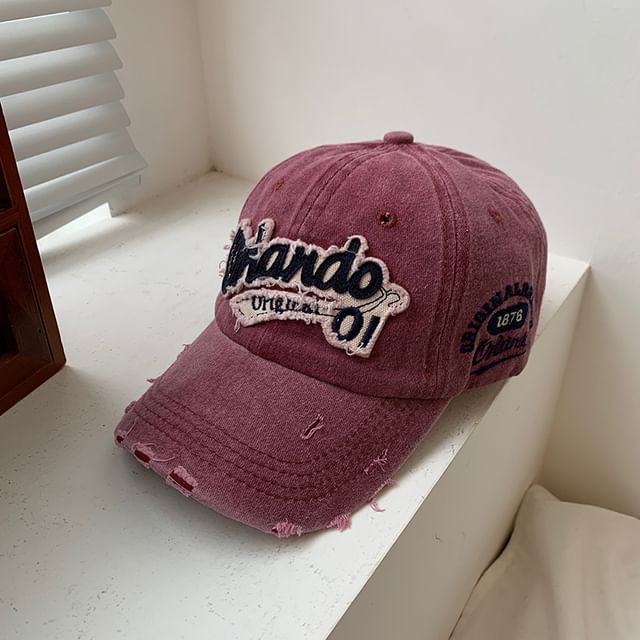Lettering Applique Distressed Baseball Cap Washed