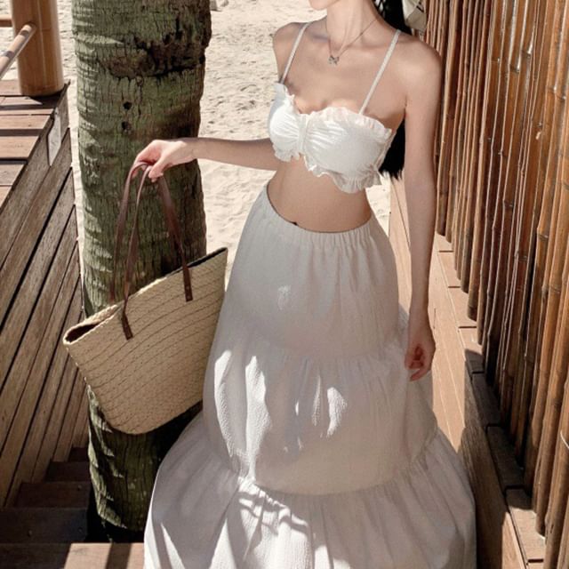 Cami A-Line Set: Ruffle Maxi Cropped Plain Top + Waist High Skirt