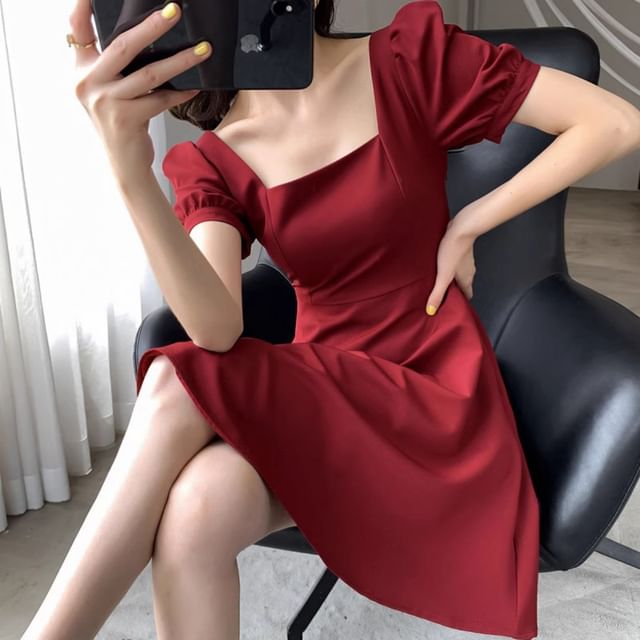 A-Line Puff Neck Mini Square Dress Sleeve Plain
