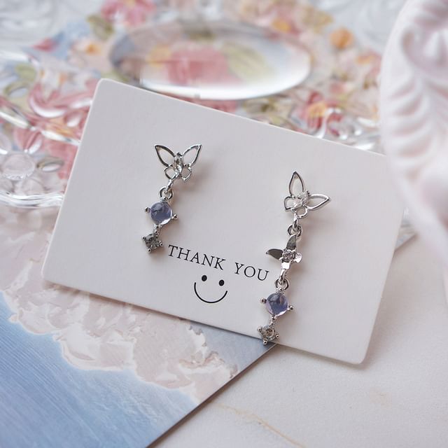 Asymmetrical Alloy Earring Butterfly Crystal Faux Dangle