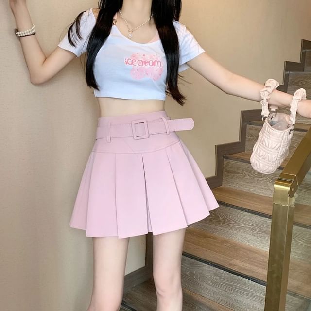 A-line High Undershorts Plain Mini Skirt Pleated / Waist Belt Set