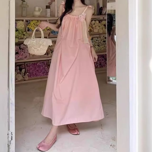 Maxi Spaghetti Plain Sundress Flower Strap Detail