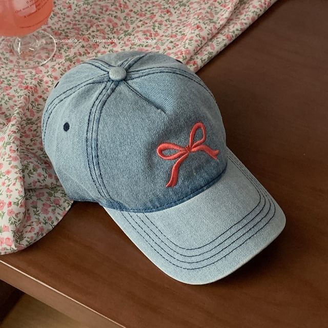 Baseball Cap Bow Washed Denim Embroidered