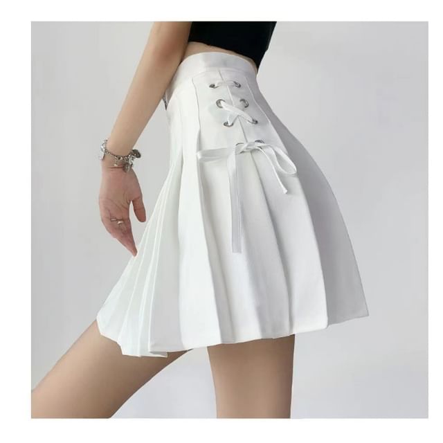 High Rise Lace-Up Plain Mini Pleated Skirt
