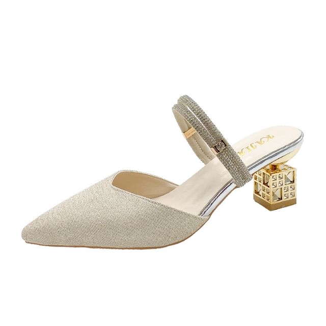 Rhinestone Block Pointed Mules Heel