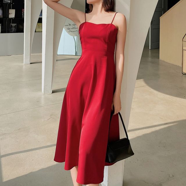 V-Neck Strap Dress Spaghetti Plain Midi A-Line Open Back