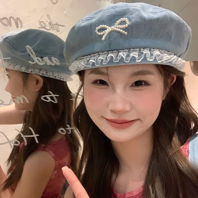 Bow Pearl Lace Denim Beret Trim Faux