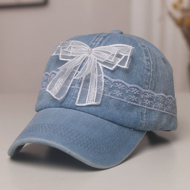 Baseball Denim Lace Cap Pearl Faux Trim Bow