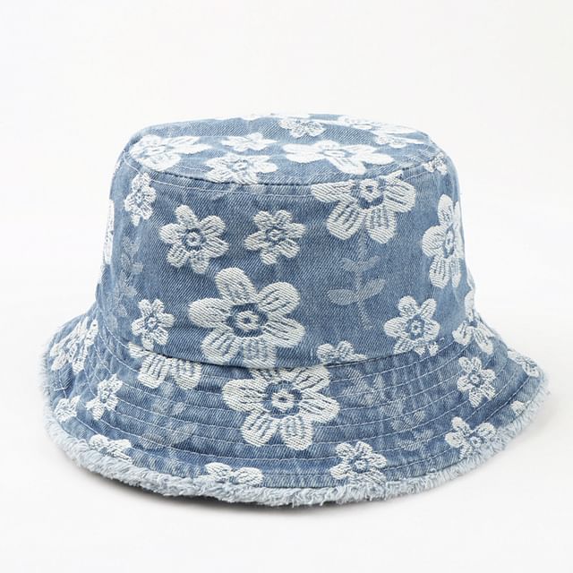 Bucket Floral Washed Denim Frayed Print Hat