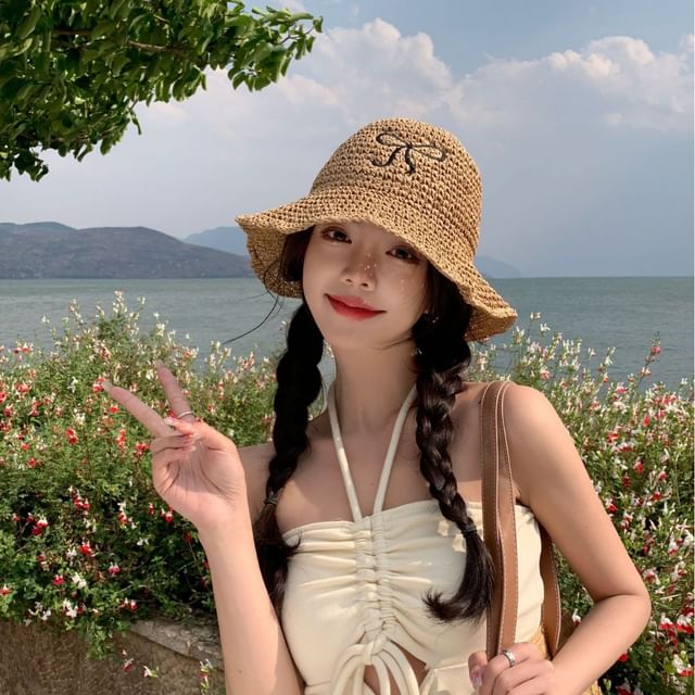 Straw Embroidered Bow Sun Hat