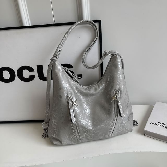 Leather Strap Backpack Zipped Plain Chain Faux