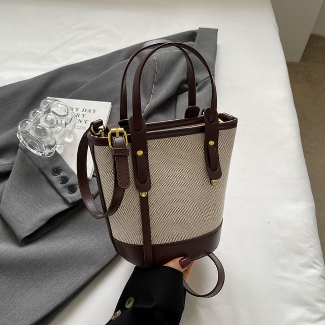 Bucket Two Panel Leather Faux Canvas Tone Bag