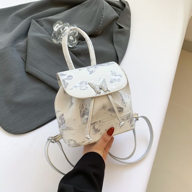 Leather Butterfly Flap Backpack Print Faux
